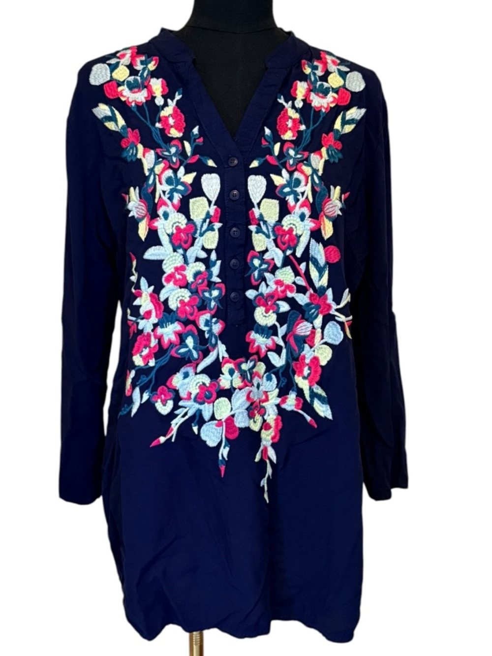 Solitaire Navy Tunic with Pink & Light Blue Floral Embroidery